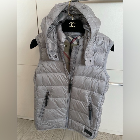 Burberry Silver Quilted Hooded Vest - Picture 1 of 6